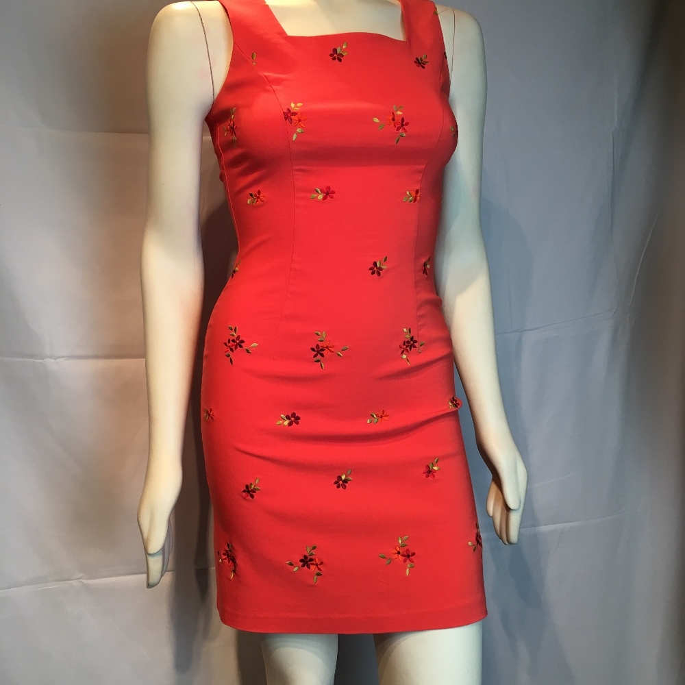 square Neck orange flowered office dress